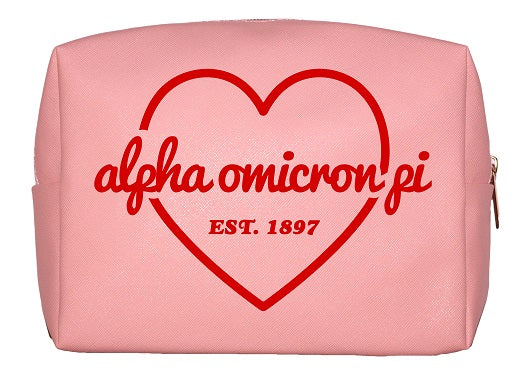 Alpha Omicron Pi Pink & Red Heart Makeup Bag
