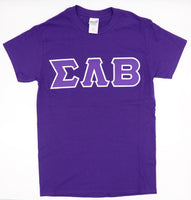 Pictured is size small purple Gildan tee with 4" greek letters in purple over white 