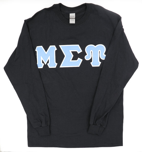 Pictured is a Medium black Gildan long sleeve tee with 4" greek letters in baby blue over white
