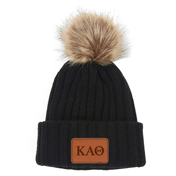 Kappa Alpha Theta Leather Patch Pom Pom Knit Hat