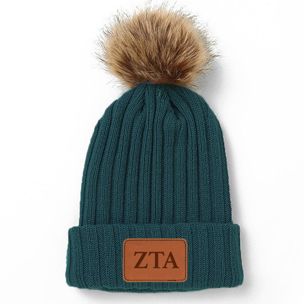 Zeta Tau Alpha Leather Patch Pom Pom Knit Hat