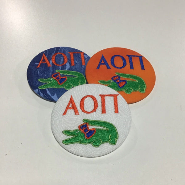 Alpha Omicron Pi Gator with Bow Game Day Embroidered Button