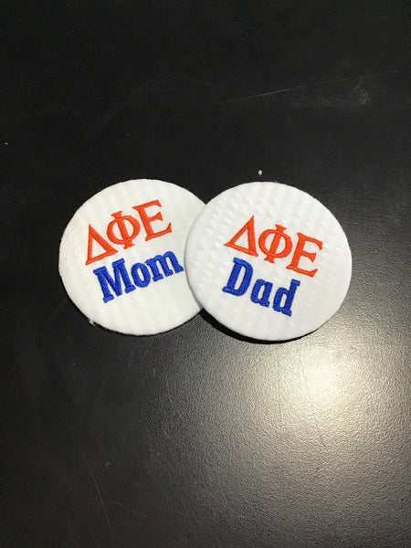 Delta Phi Epsilon Mom/Dad Embroidered Button